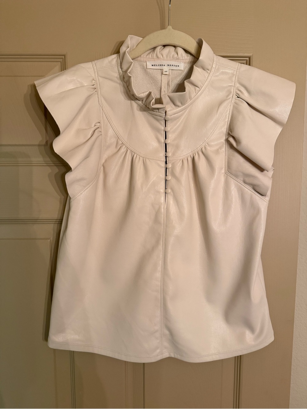 MELISSA NEPTON Cream Ruffle-Neck Leather Shell